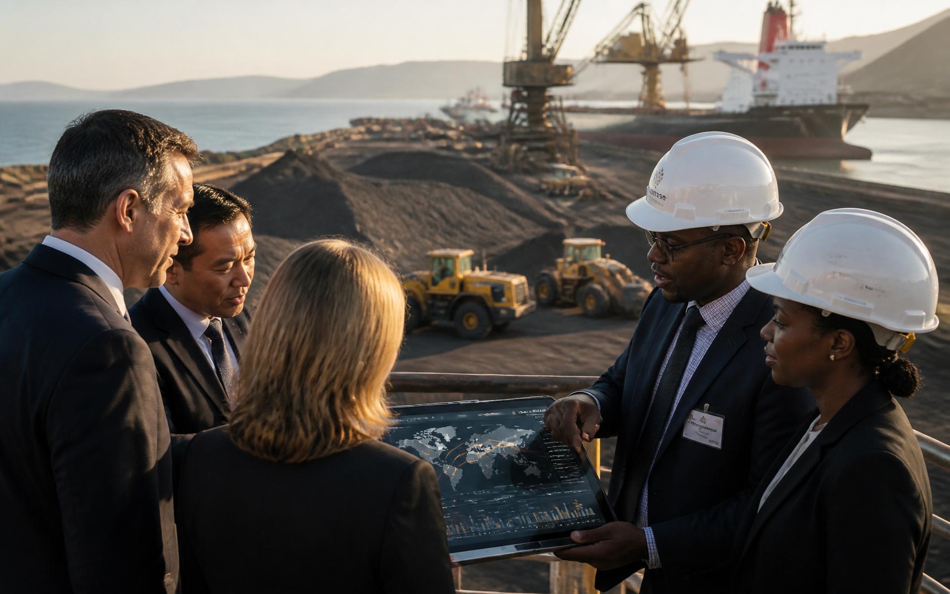 International executives and South African mining representatives reviewing commodity opportunities at an active manganese export facility with bulk carrier at berth