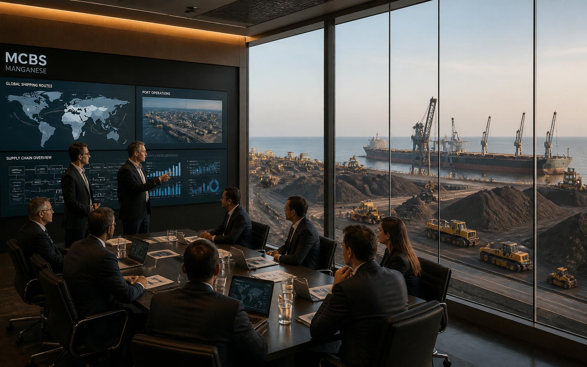 MCBS executives in a modern glass boardroom reviewing global supply chain dashboards with the manganese storage facility and bulk carrier visible through the window