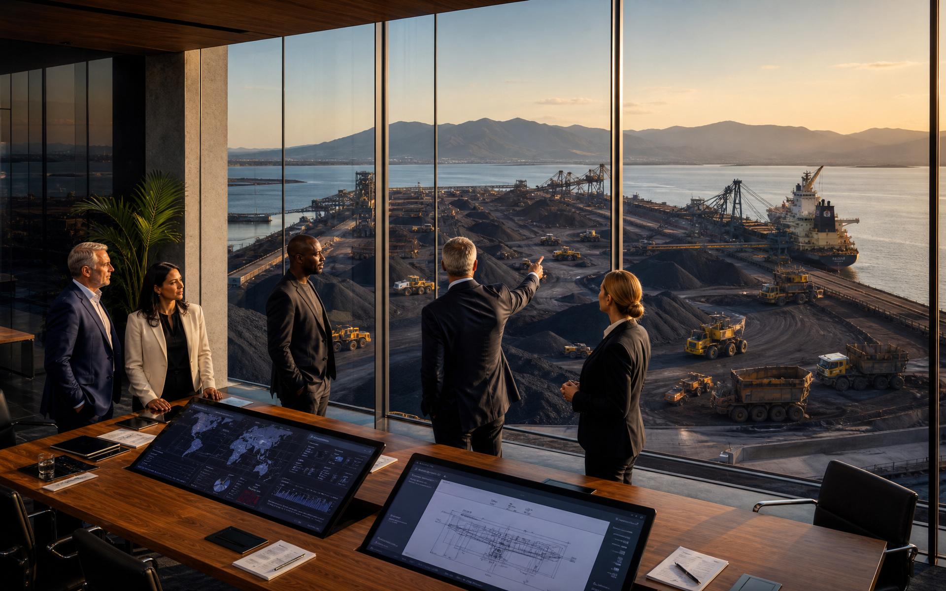MCBS executives in a boardroom overlooking the manganese storage and export facility at golden hour
