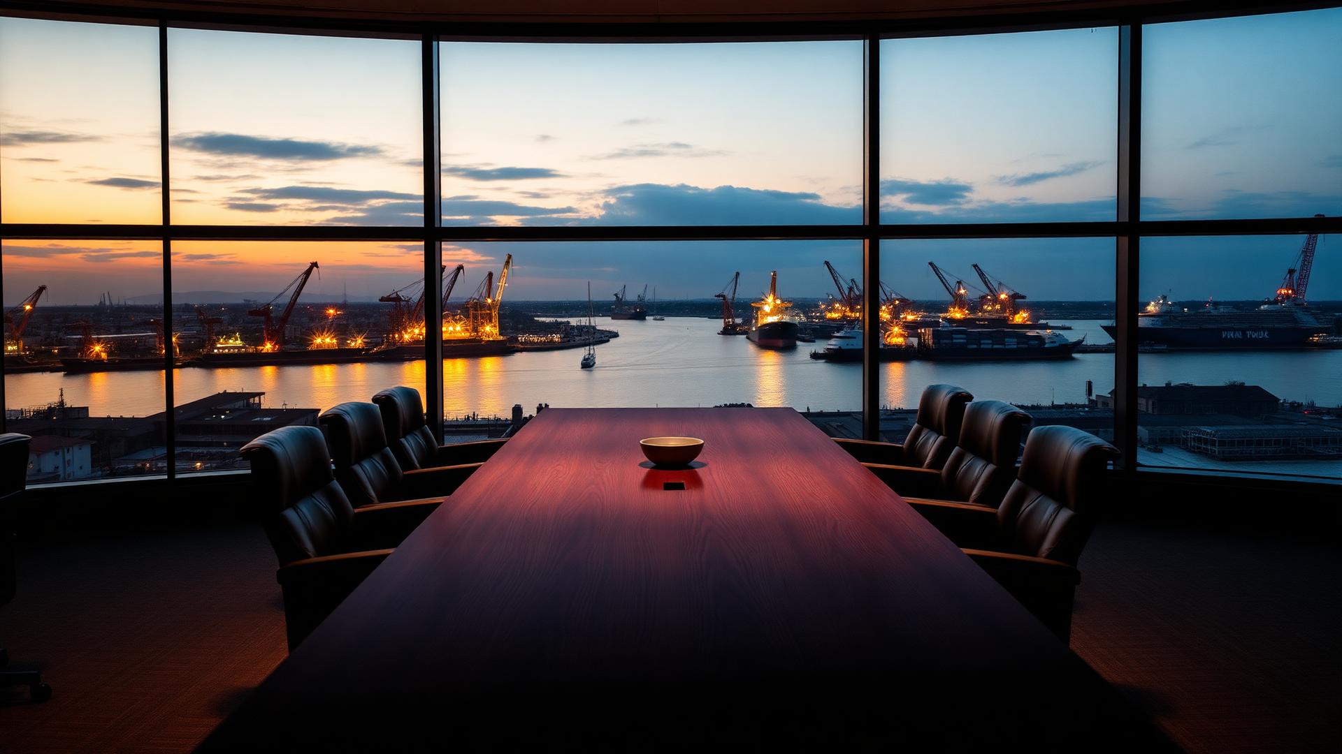 Investor boardroom overlooking Port Elizabeth harbour at dusk