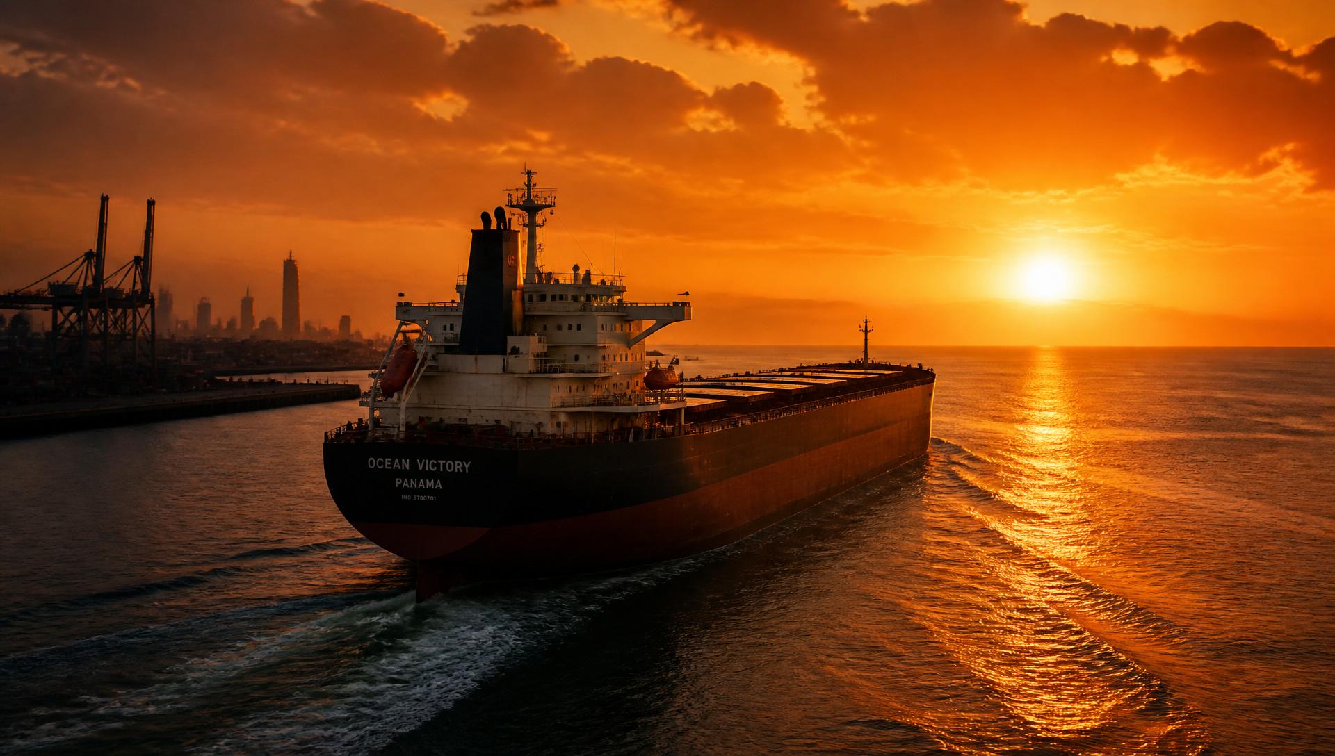 MCBS facility at sunset with bulk carrier departing port